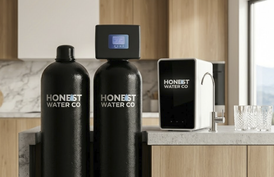 Honest Water Co dual tank system and RO unit in a modern kitchen